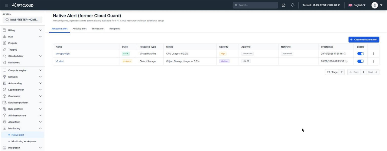 Resource alert tab with one alert in State OK and one in State Alarm, plus the Resource Type, Metric, Severity, Apply to, Notify to, Created At, and Enable columns