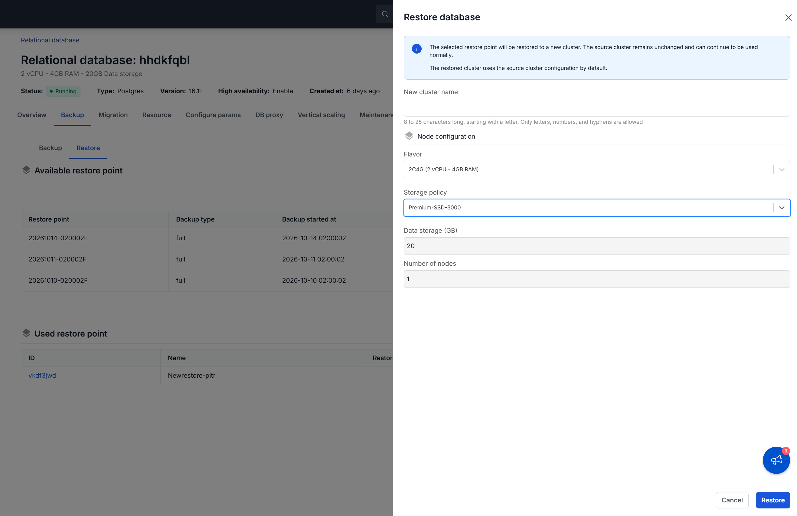 Restore database dialog showing cluster name, flavor, and storage policy