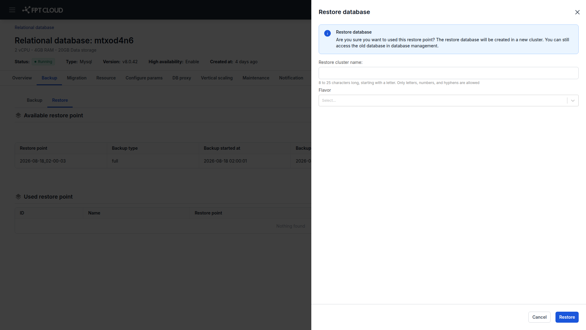 Restore Database dialog with cluster name and flavor fields