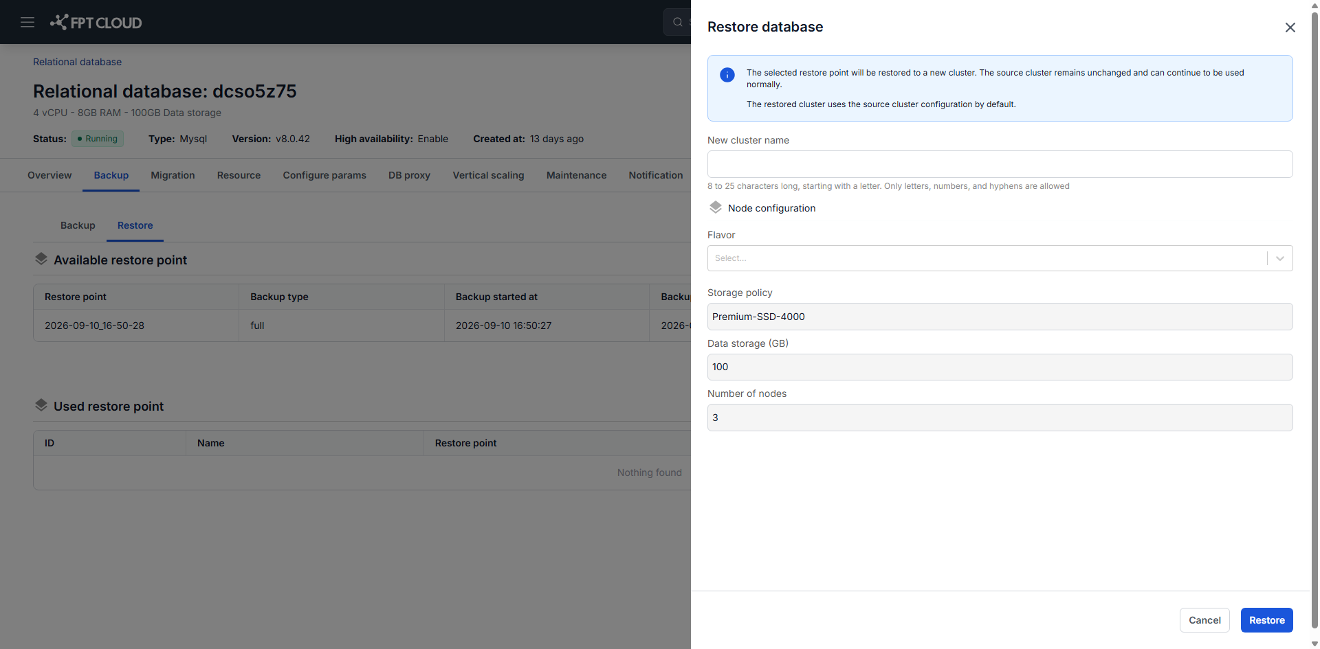 Restore Database dialog with cluster name and flavor fields