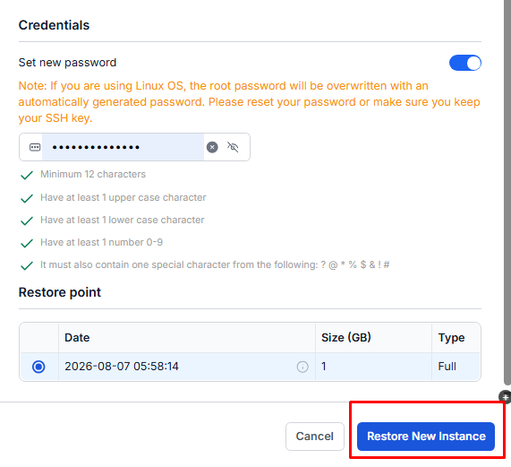 Credentials and Restore New Instance button