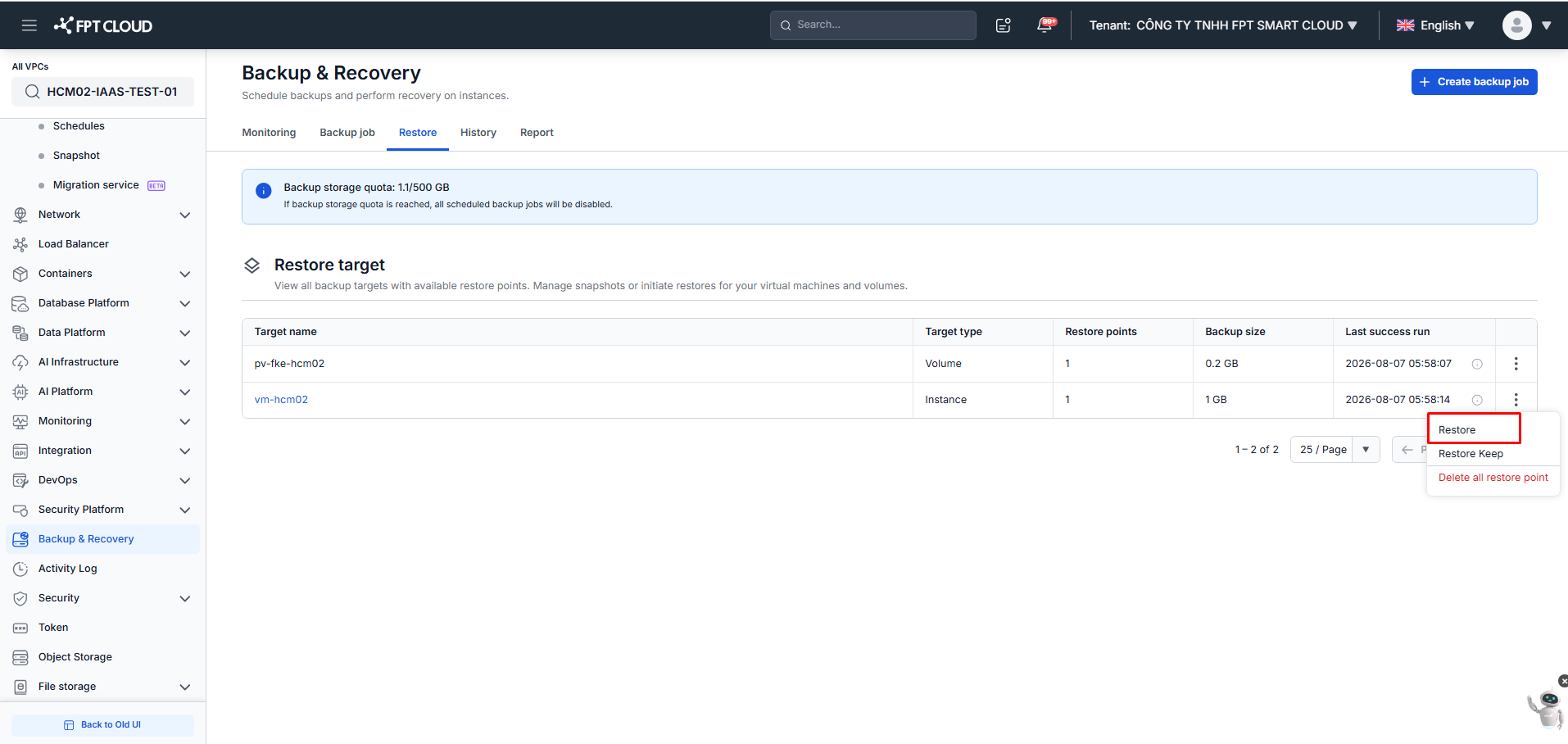 Restore action in the Action menu