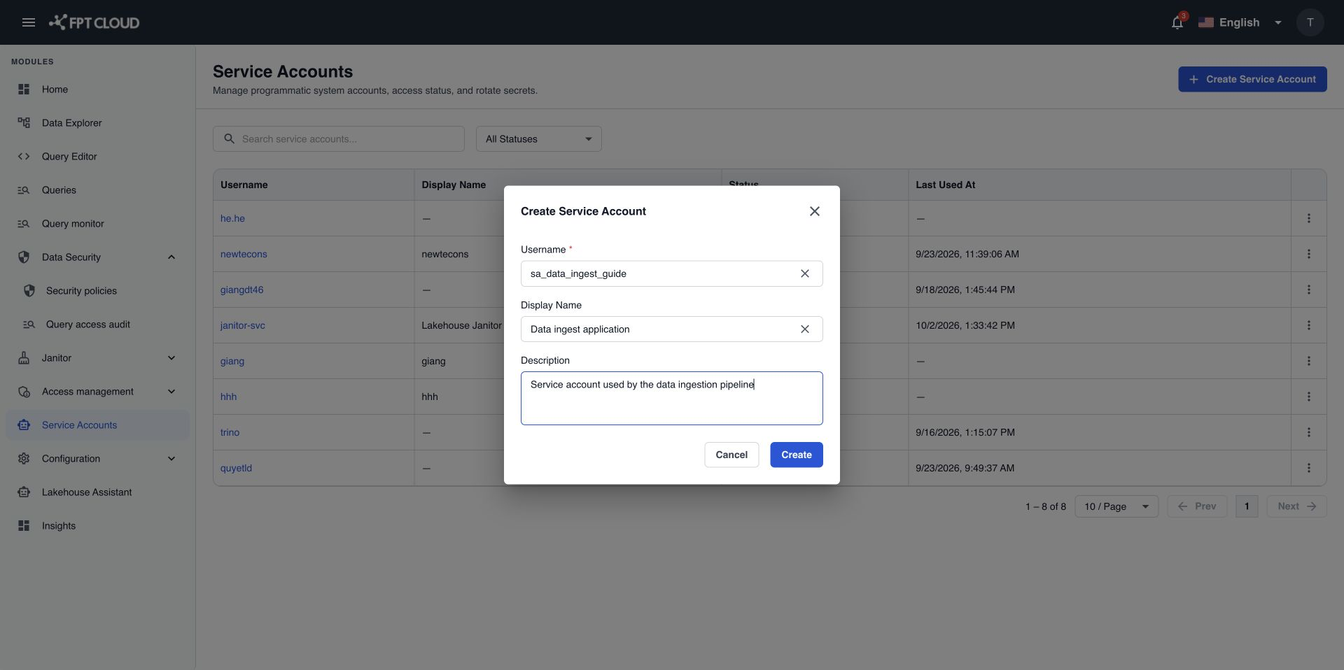 Create Service Account form with the Username, Display Name, and Description fields