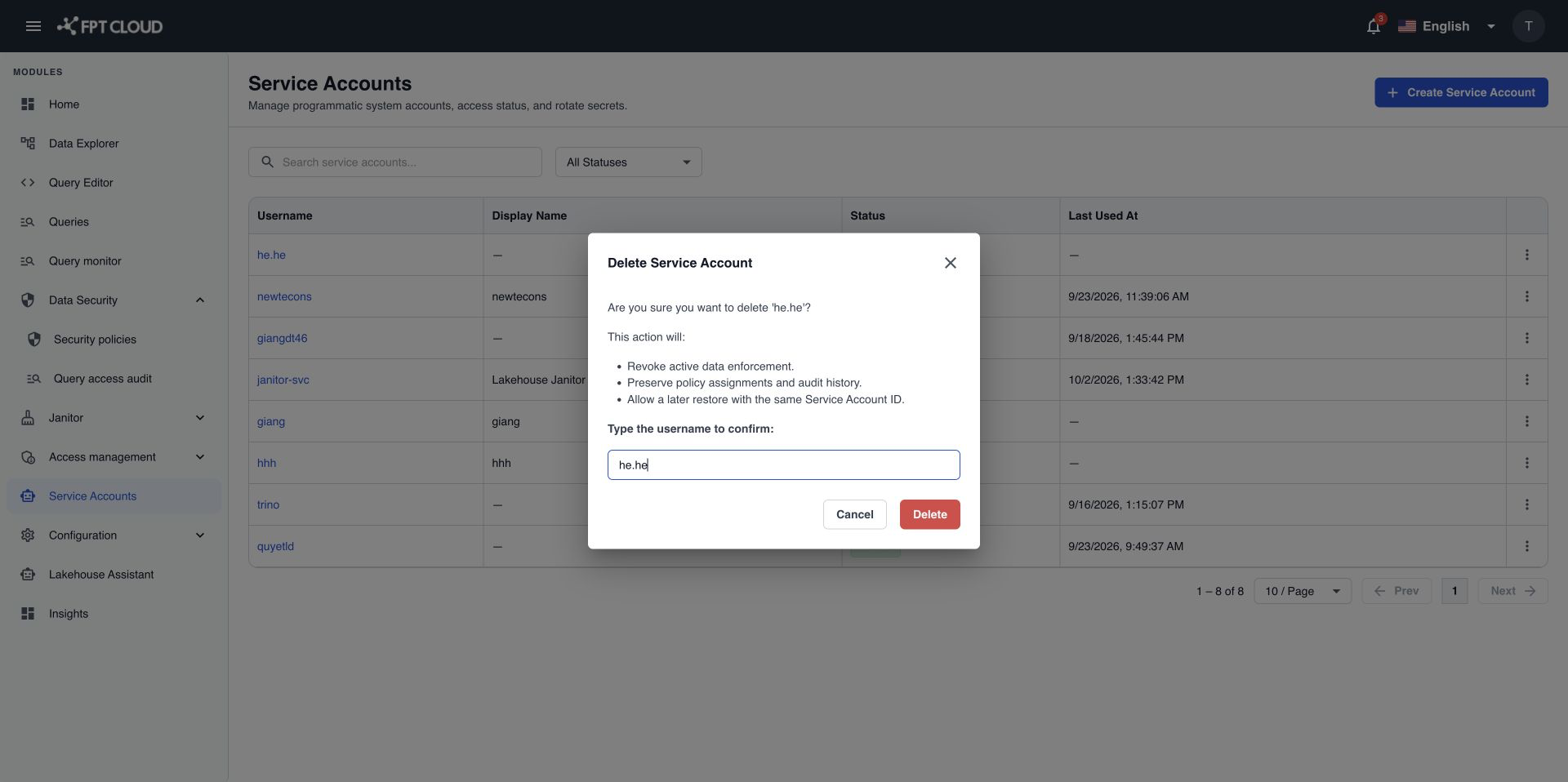 Delete Service Account dialog asking you to type the username to confirm