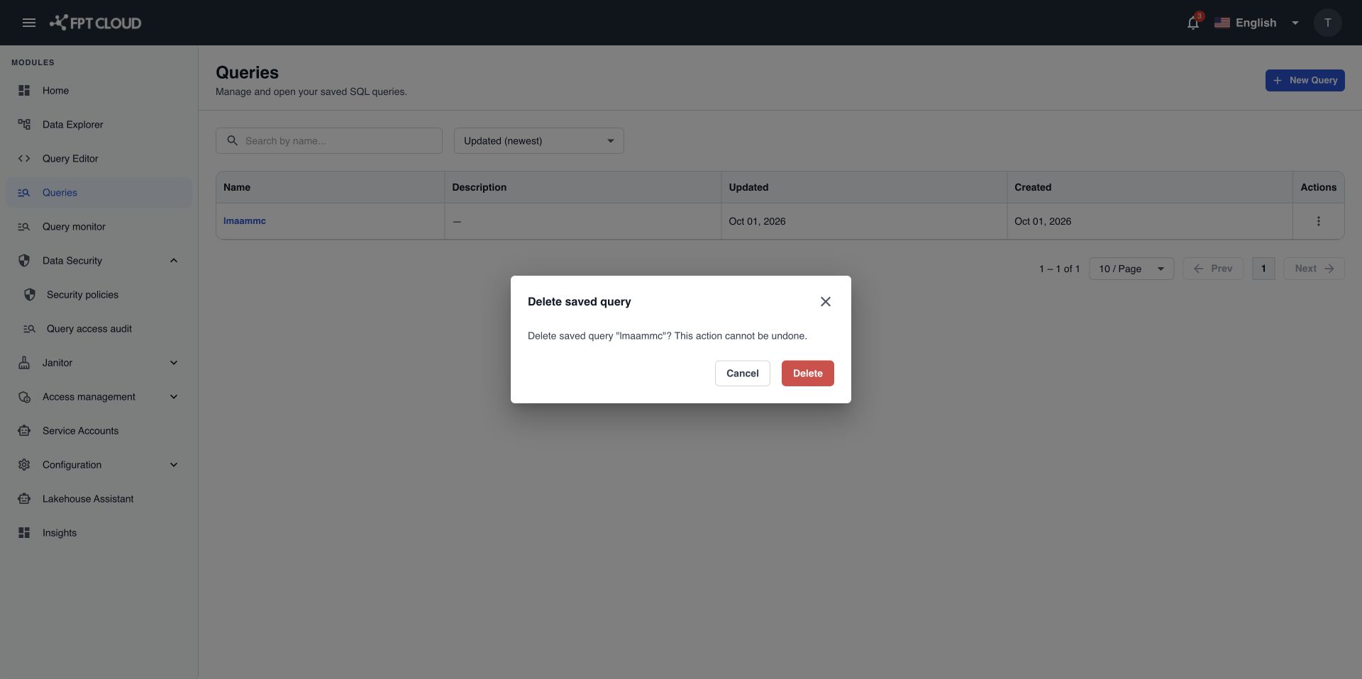 Delete saved query dialog with the query name and the Cancel and Delete buttons