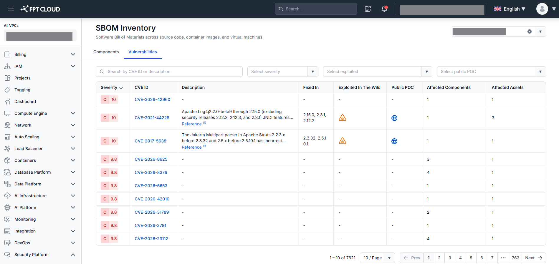 SBOM Inventory — Vulnerabilities tab