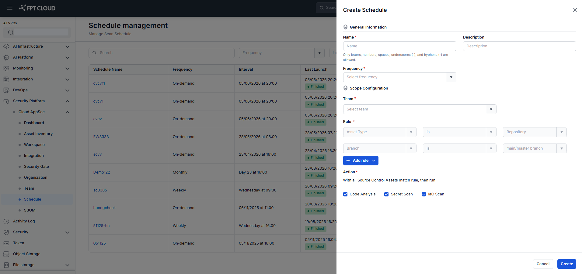 Create Schedule — General information form