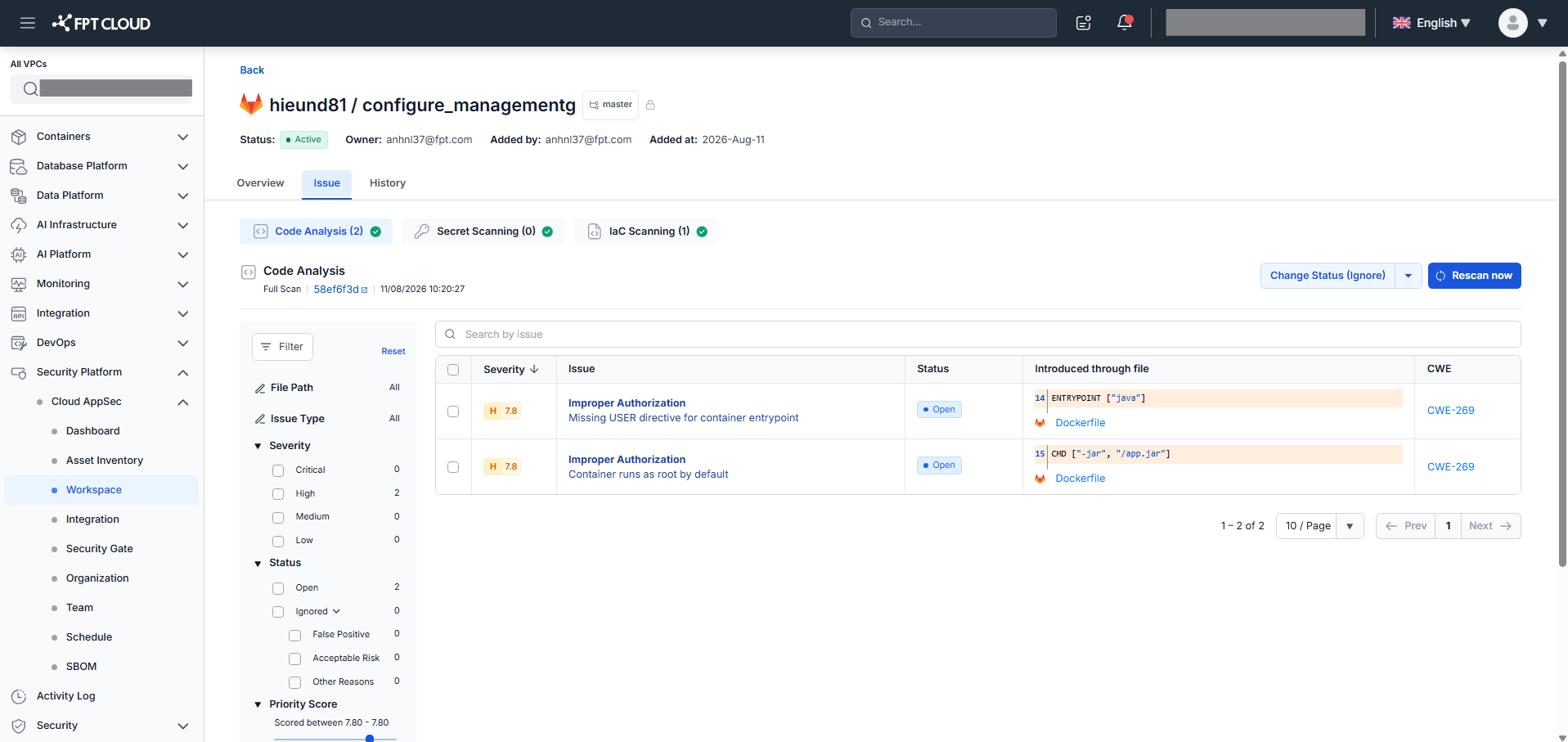 SCM — Issue list (Code Analysis)