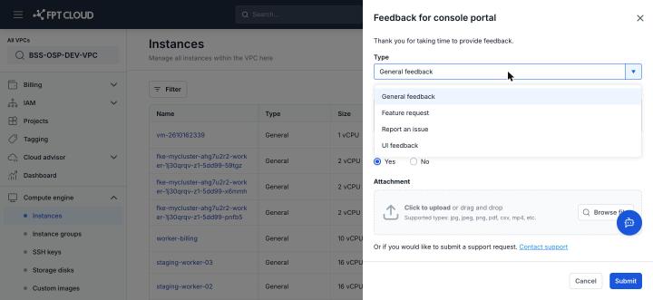 Type dropdown with feedback options