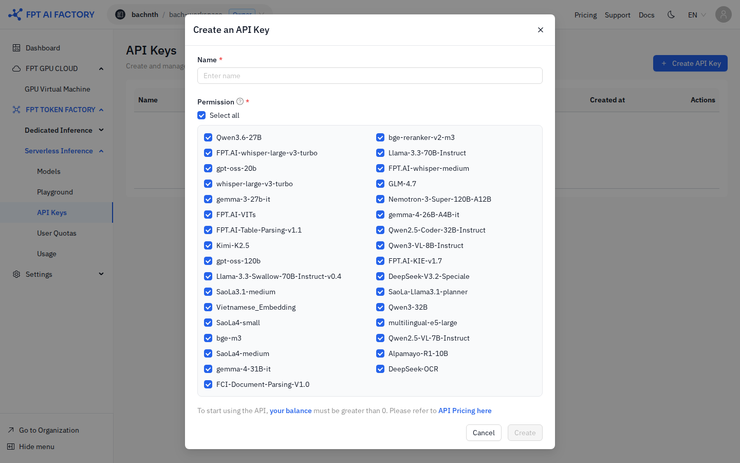 Create an API Key dialog