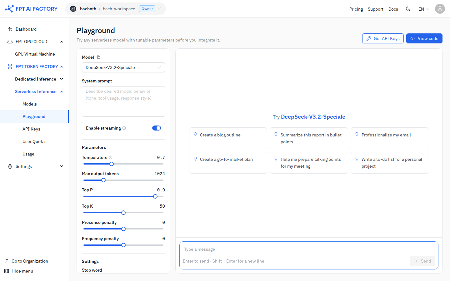 Serverless Inference — Playground