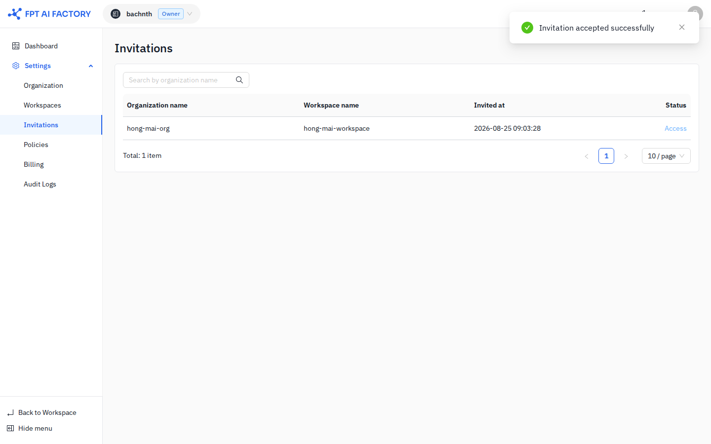 After accepting — success toast and Access link