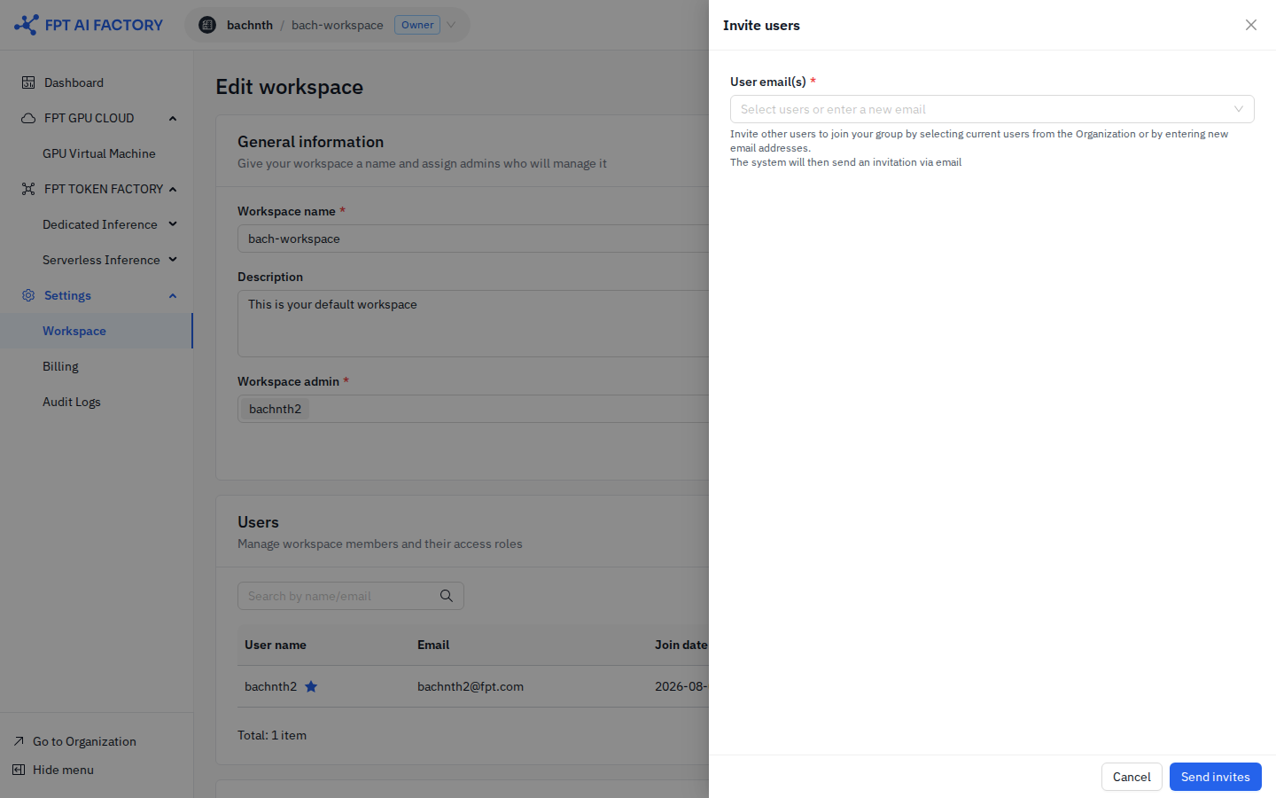 Invite users panel
