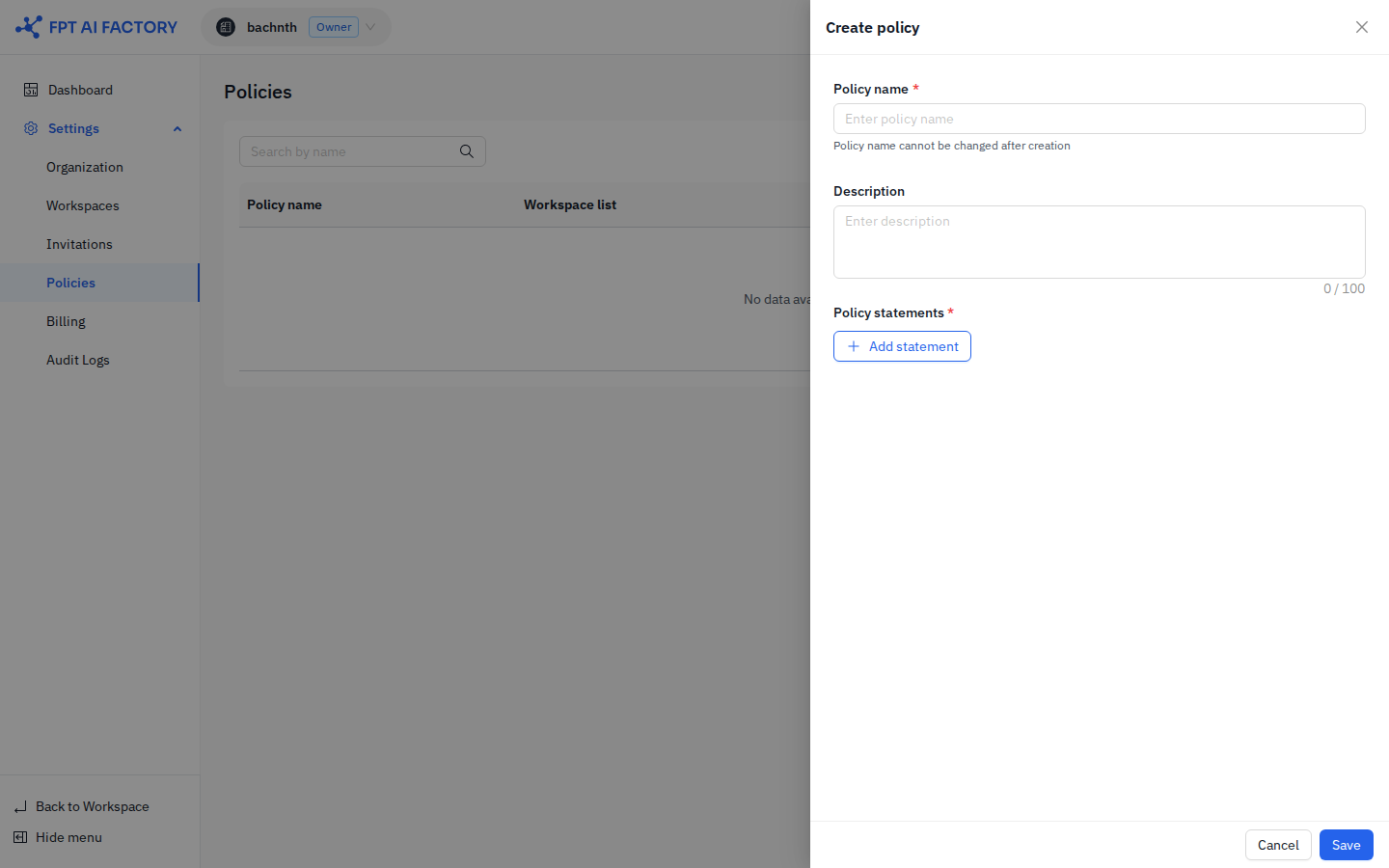 Create policy drawer