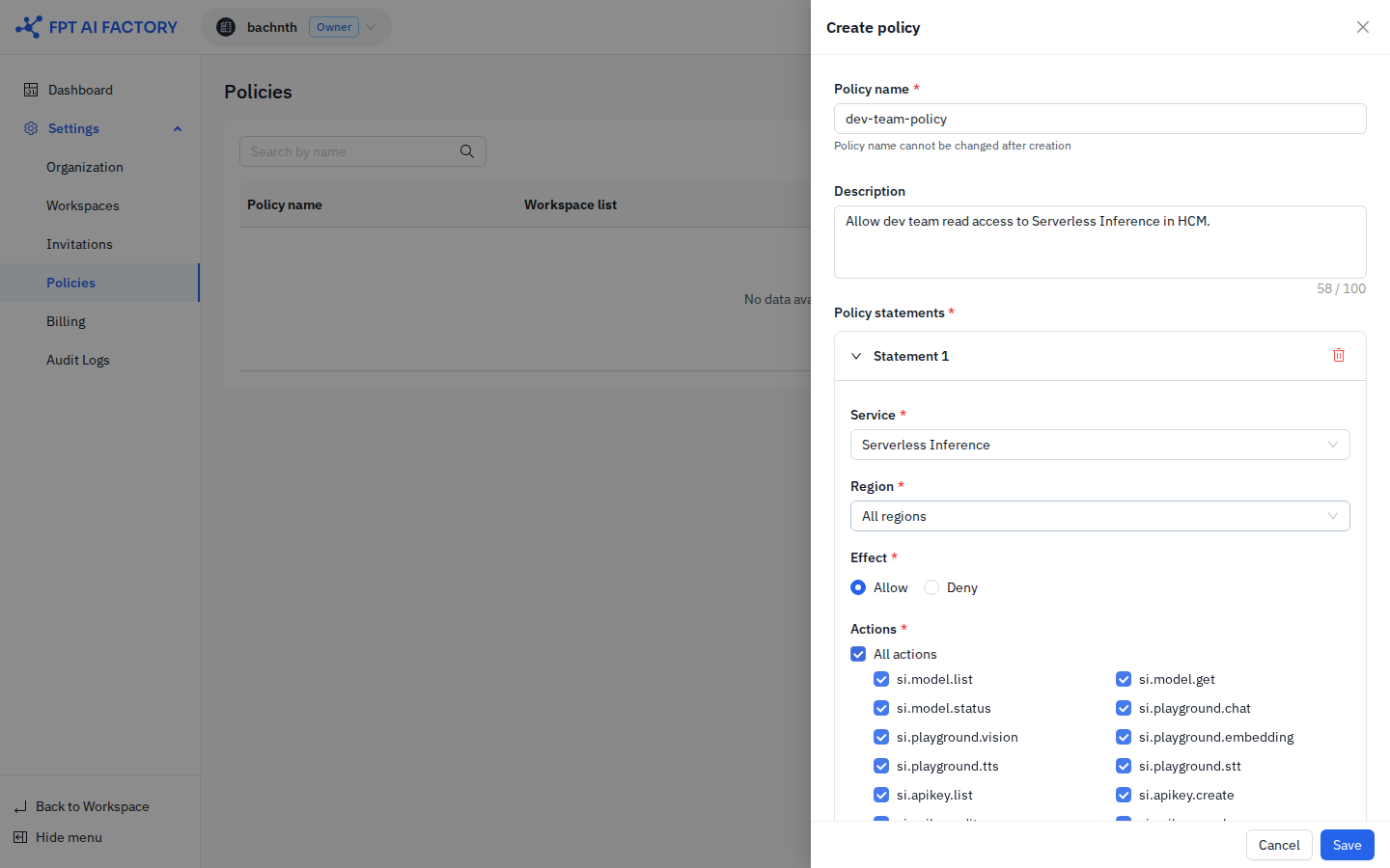 Filled policy — Serverless Inference, All regions, Allow, All actions