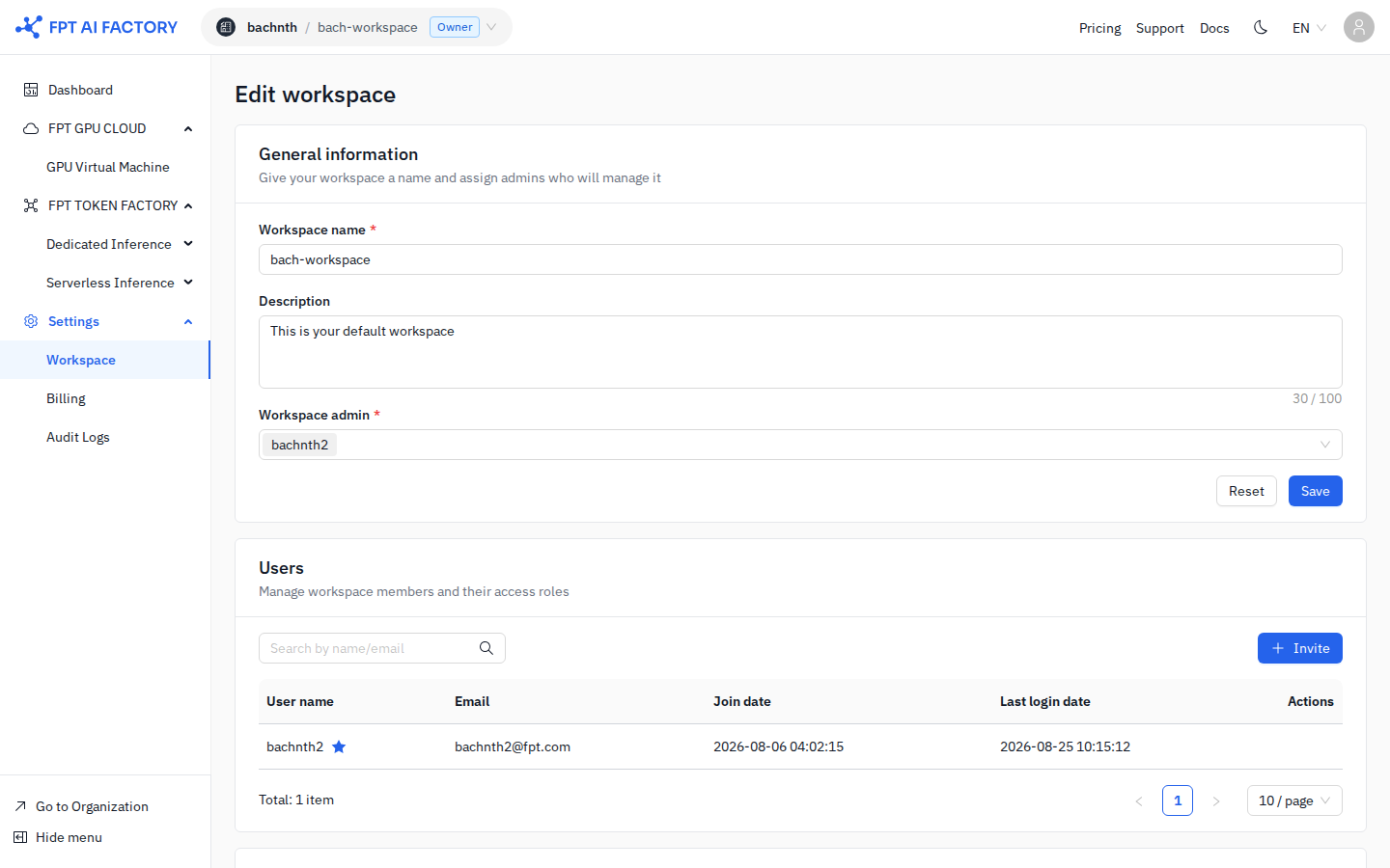 Workspace Settings — Users section with Invite button