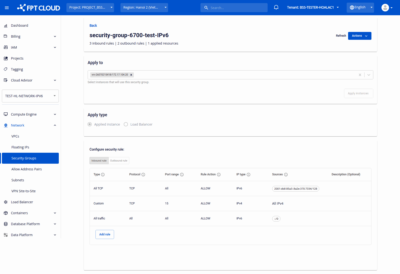 Security group rules table with the IP type column