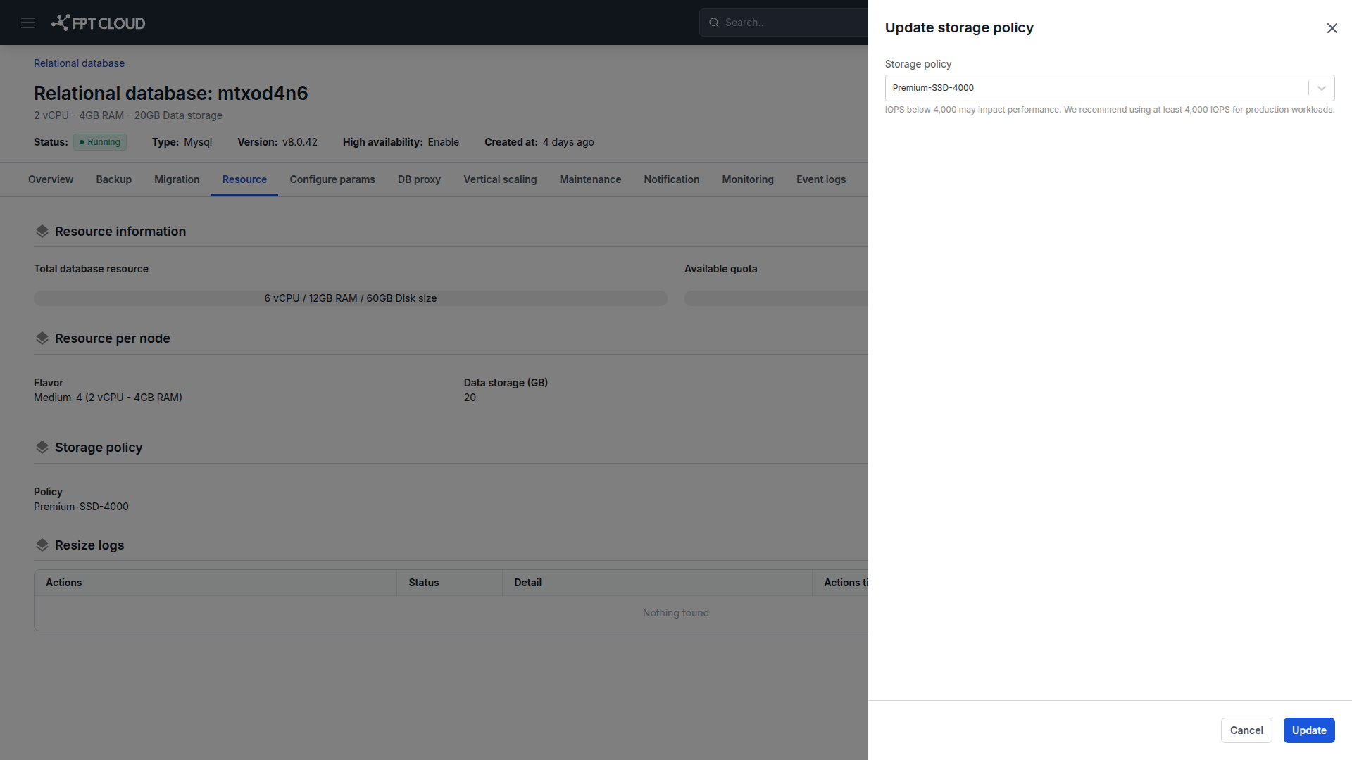 Update Storage Policy dialog