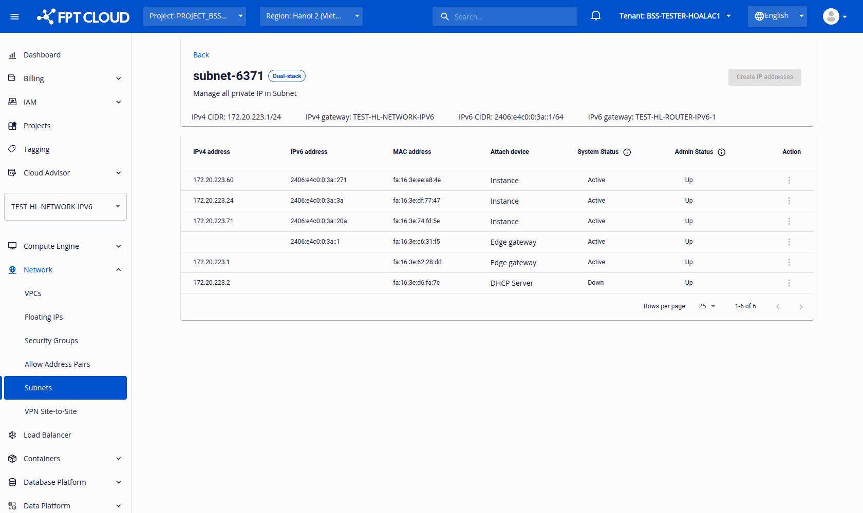 Subnet detail with the Dual-stack badge, IPv6 CIDR, IPv6 gateway, and the allocations table