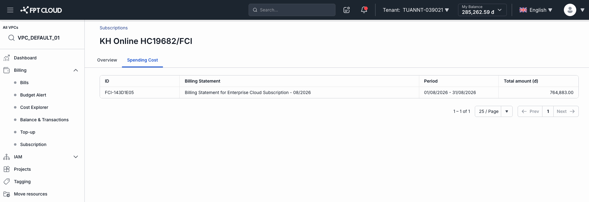 Subscription detail — Spending Cost tab