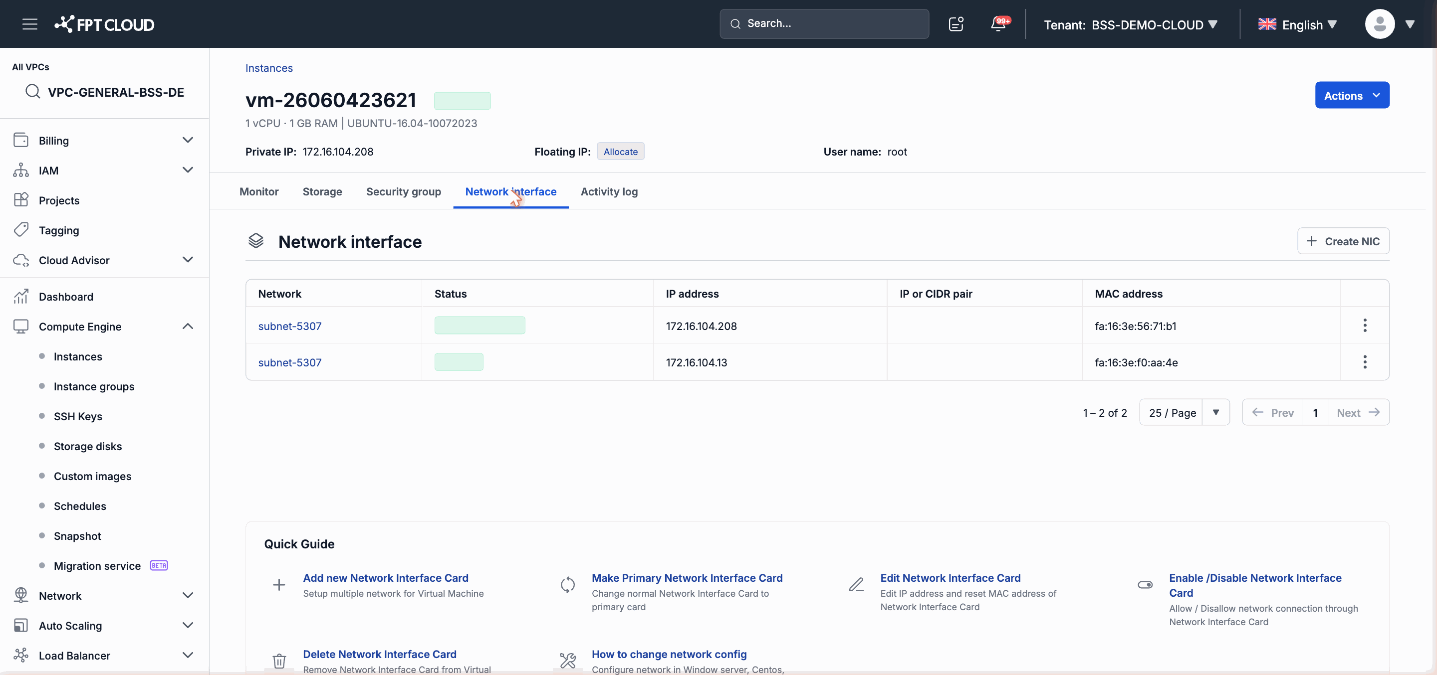 Network Interface tab — Enable NIC