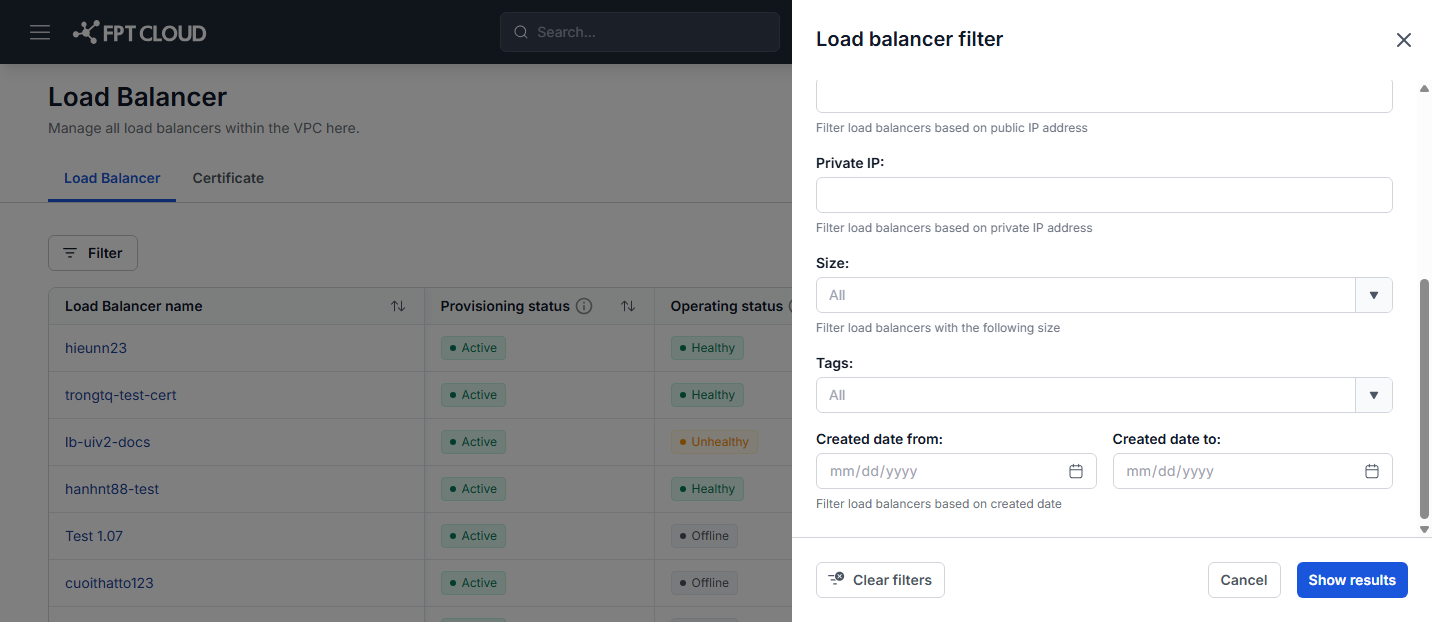 Filter the Load Balancer list by tags