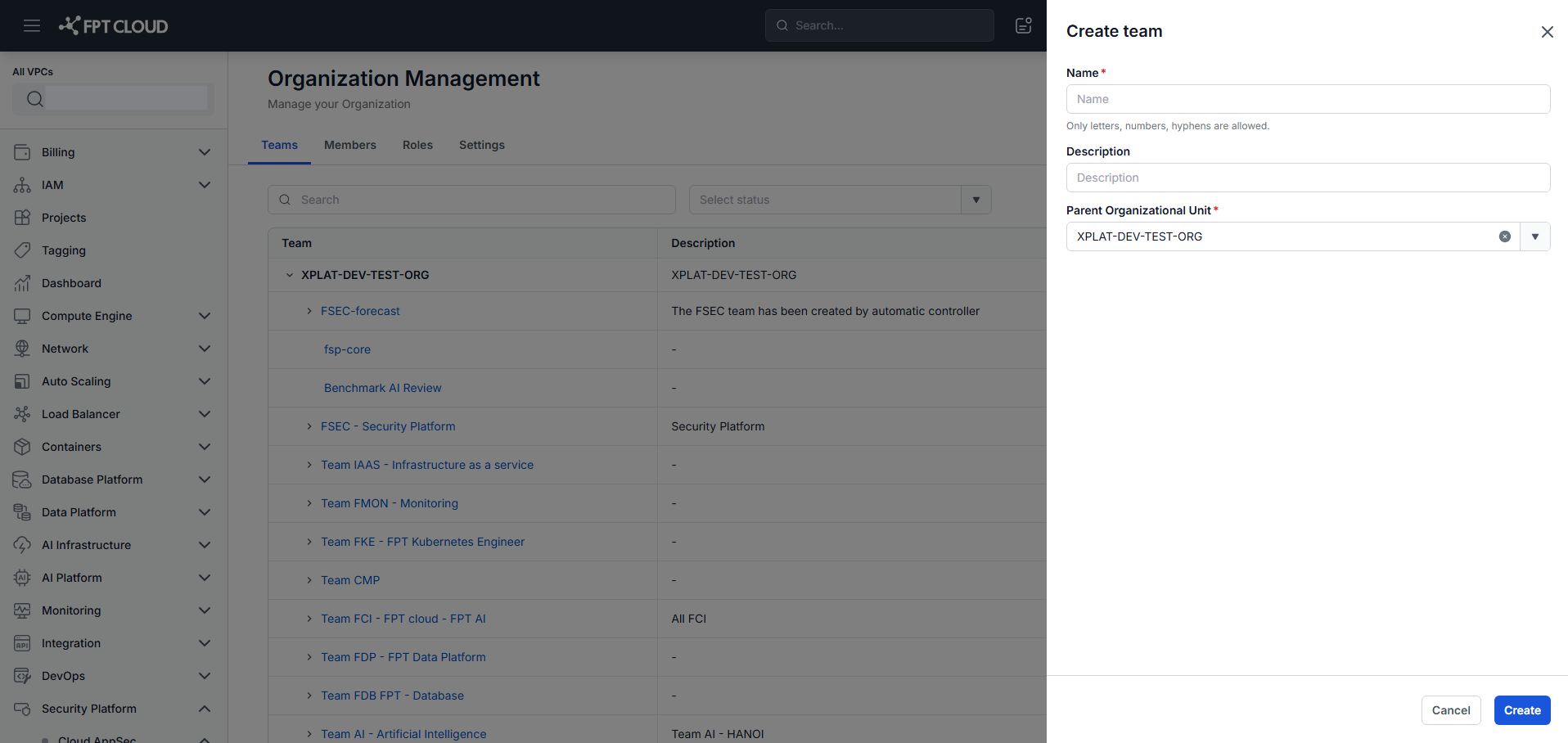 Create Team / Create Sub-team dialog