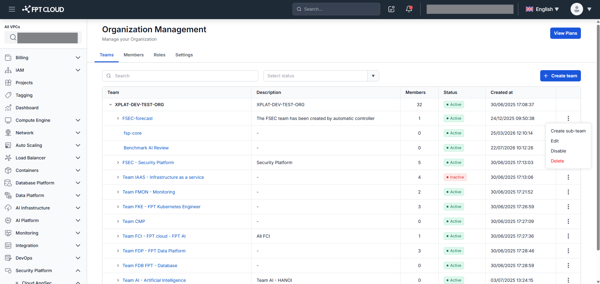 Team list — action column visible