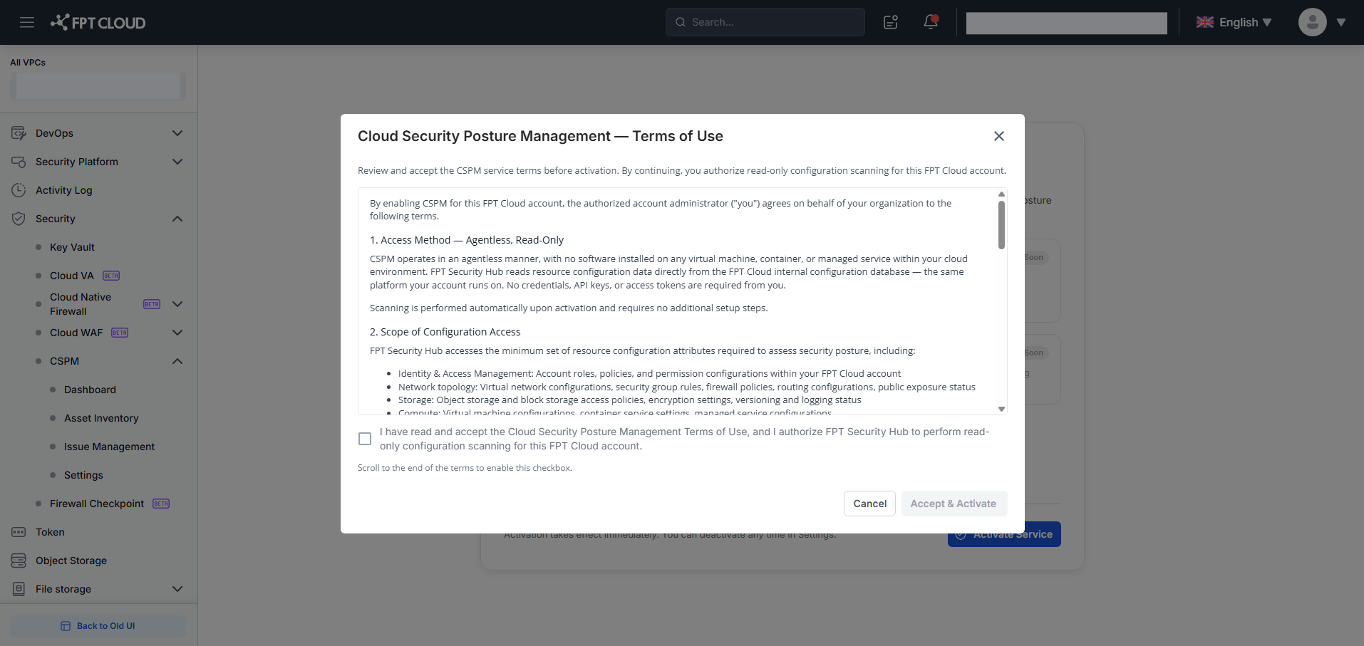 Terms & Agreement dialog