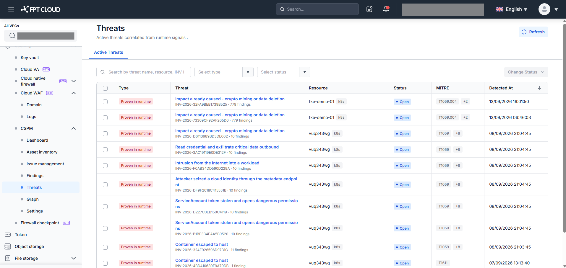 Threat List — Default view with threat table and filter bar