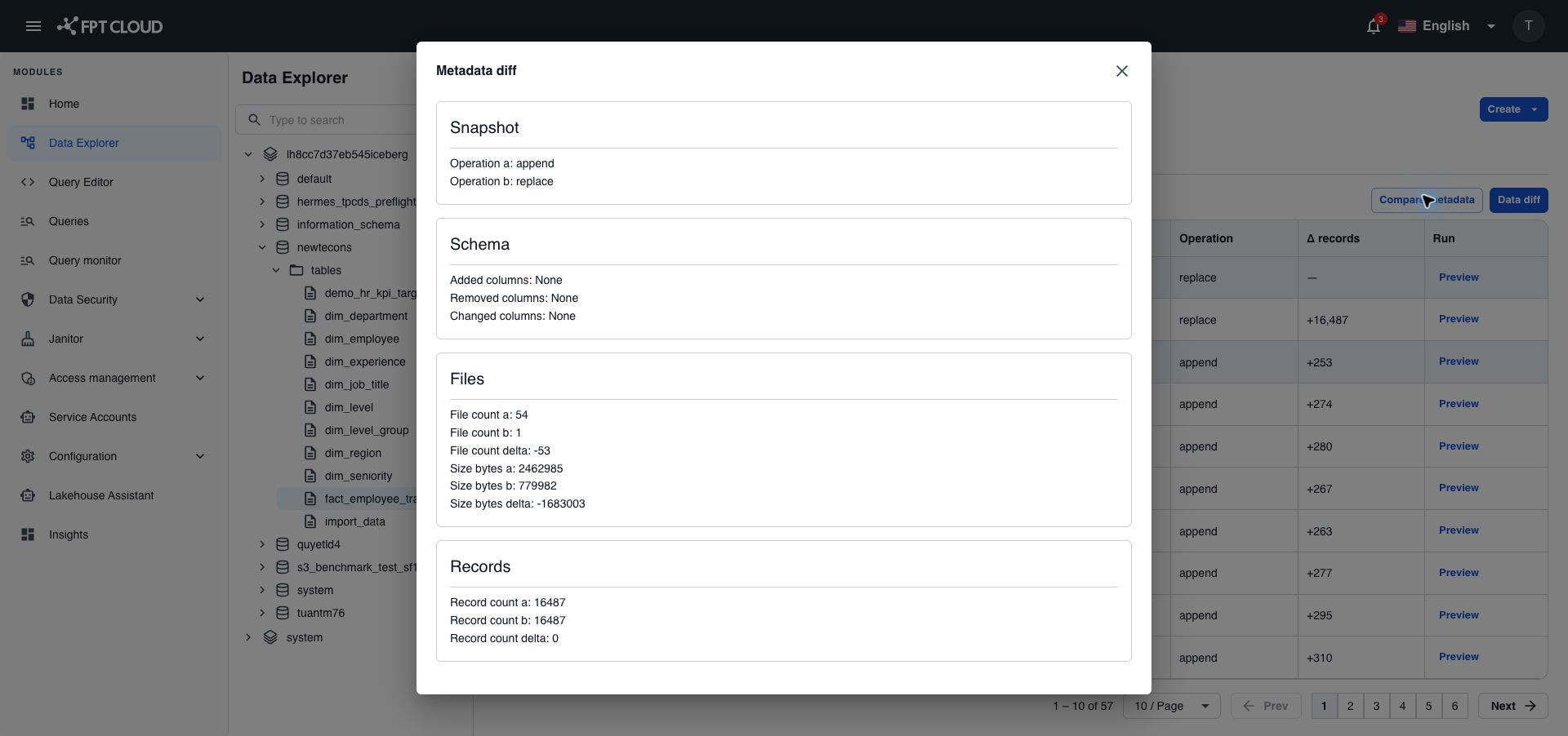 Structure comparison of two snapshots with six result sections