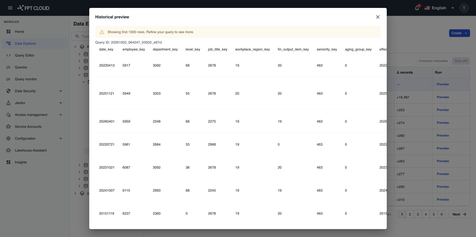 Preview of a table at a past snapshot with columns and rows