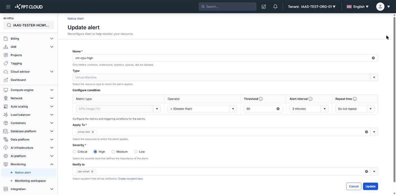 Update alert page with the Type and Metric type fields greyed out