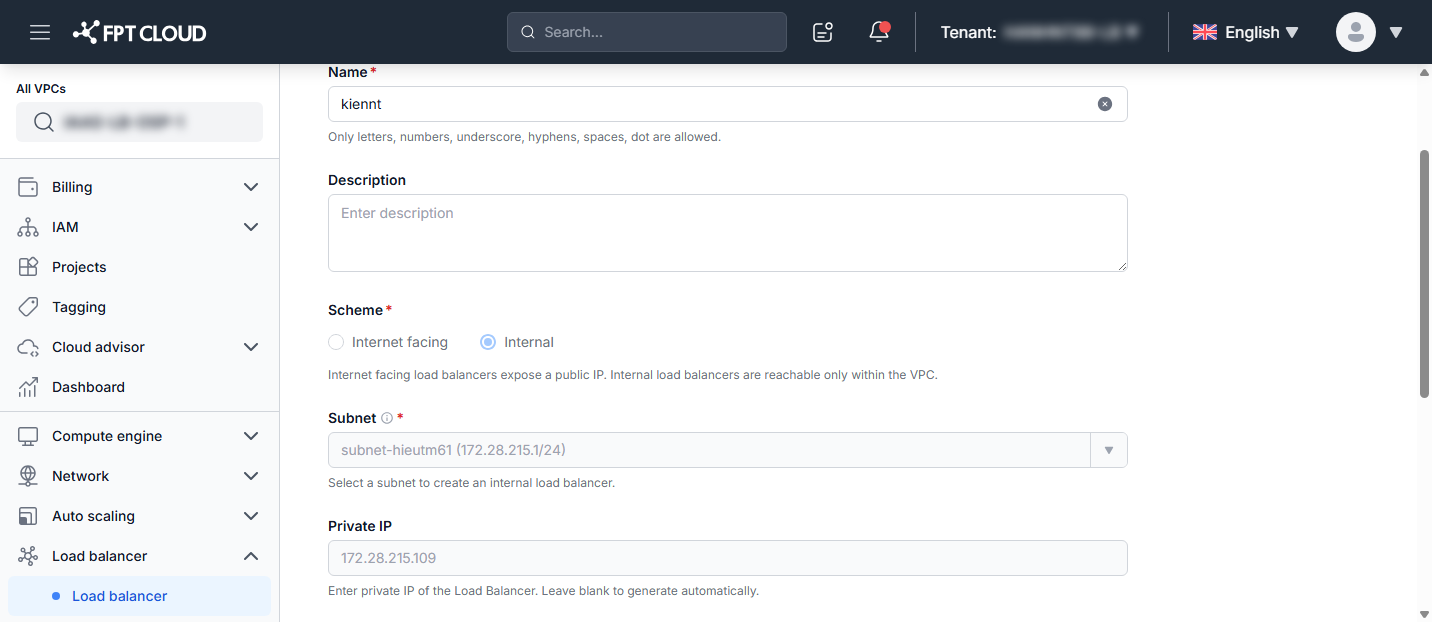 Update Load Balancer form