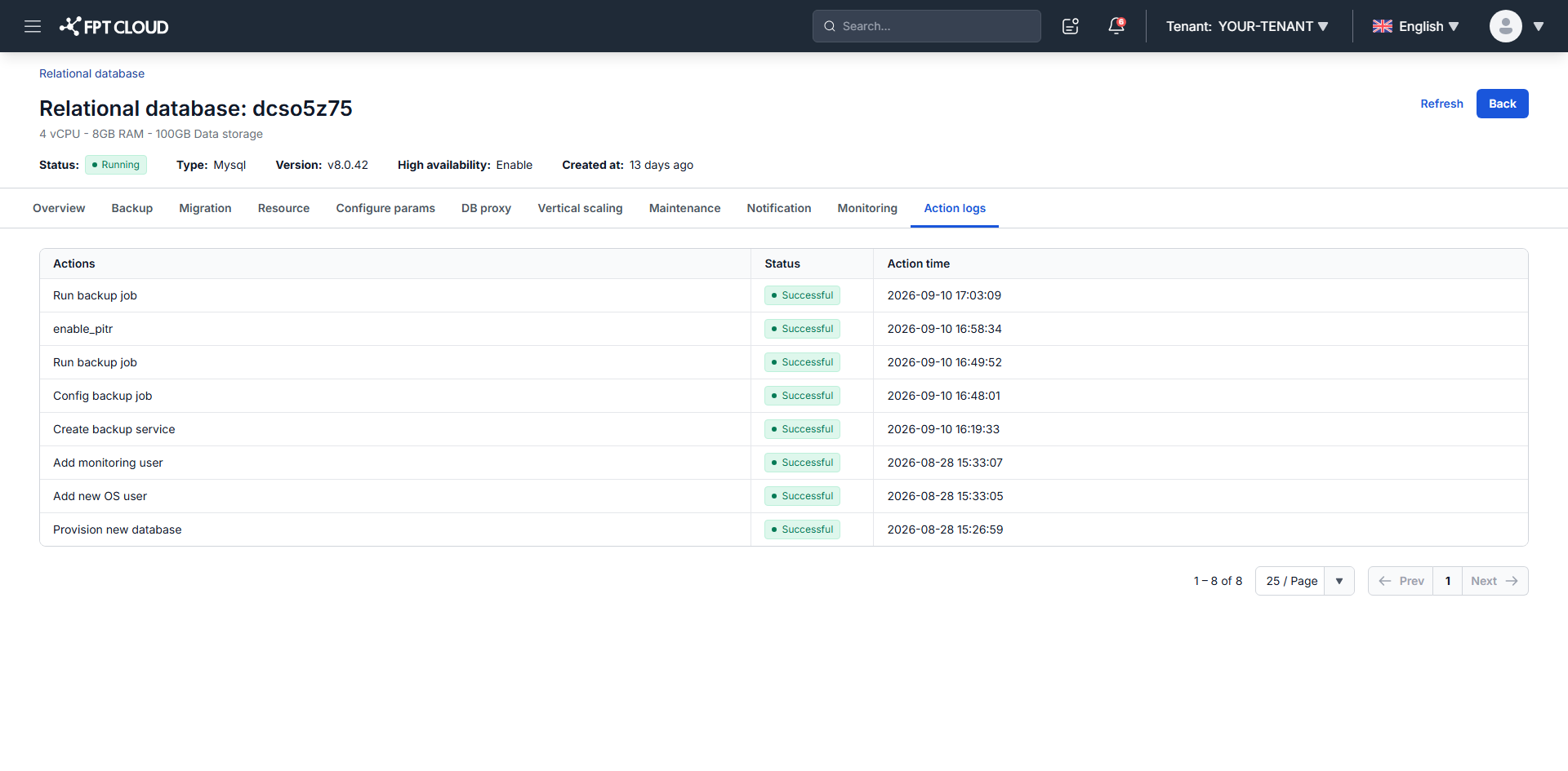 Action logs tab listing cluster operations with status and time