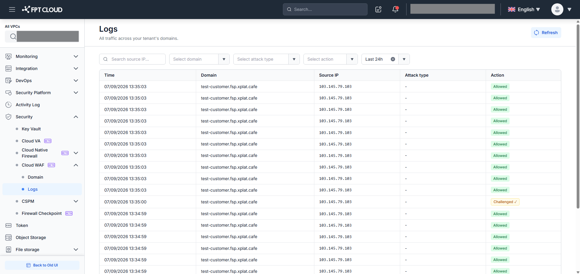 WAF Logs — traffic log table with attack type and action badges