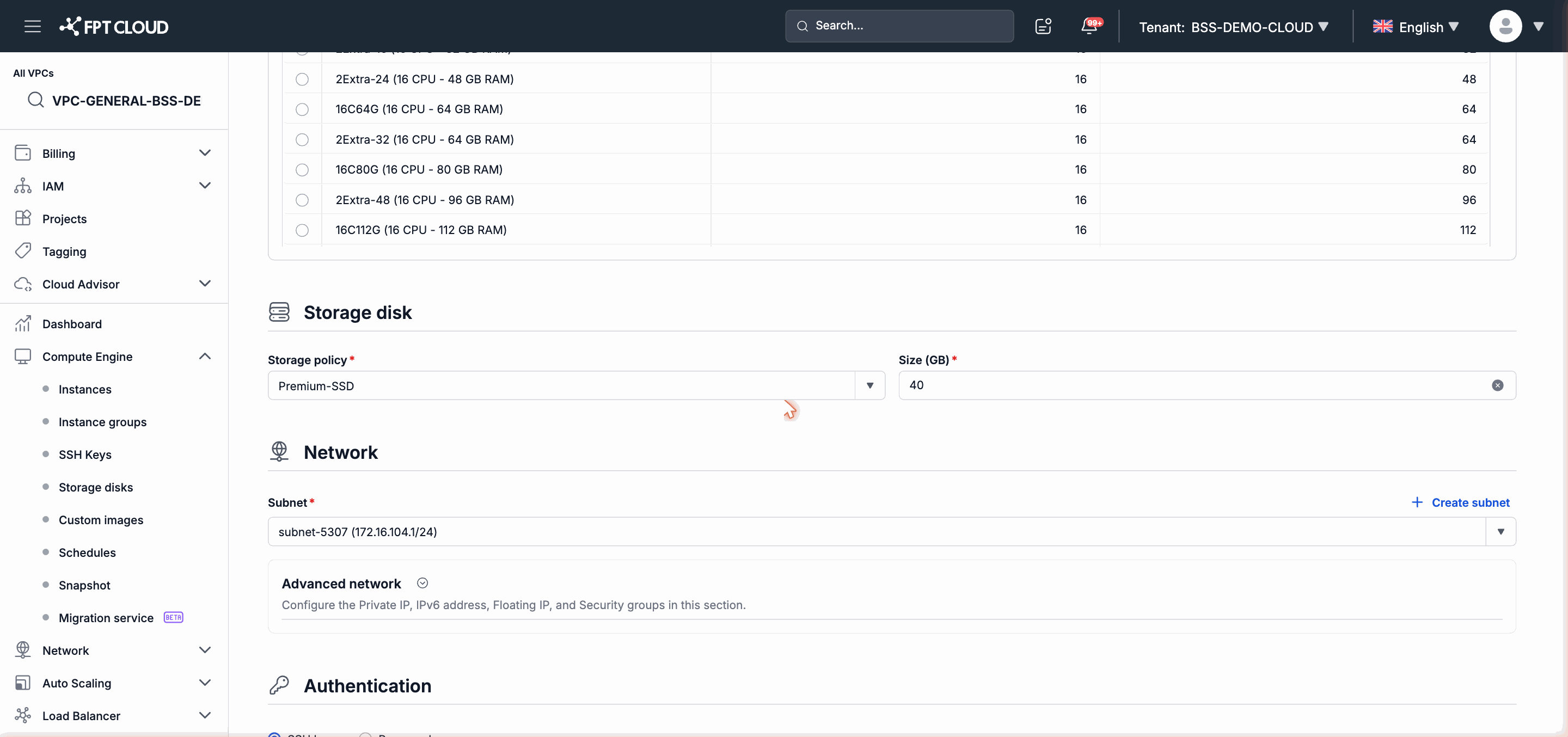 Storage Disk section in the Instance creation wizard