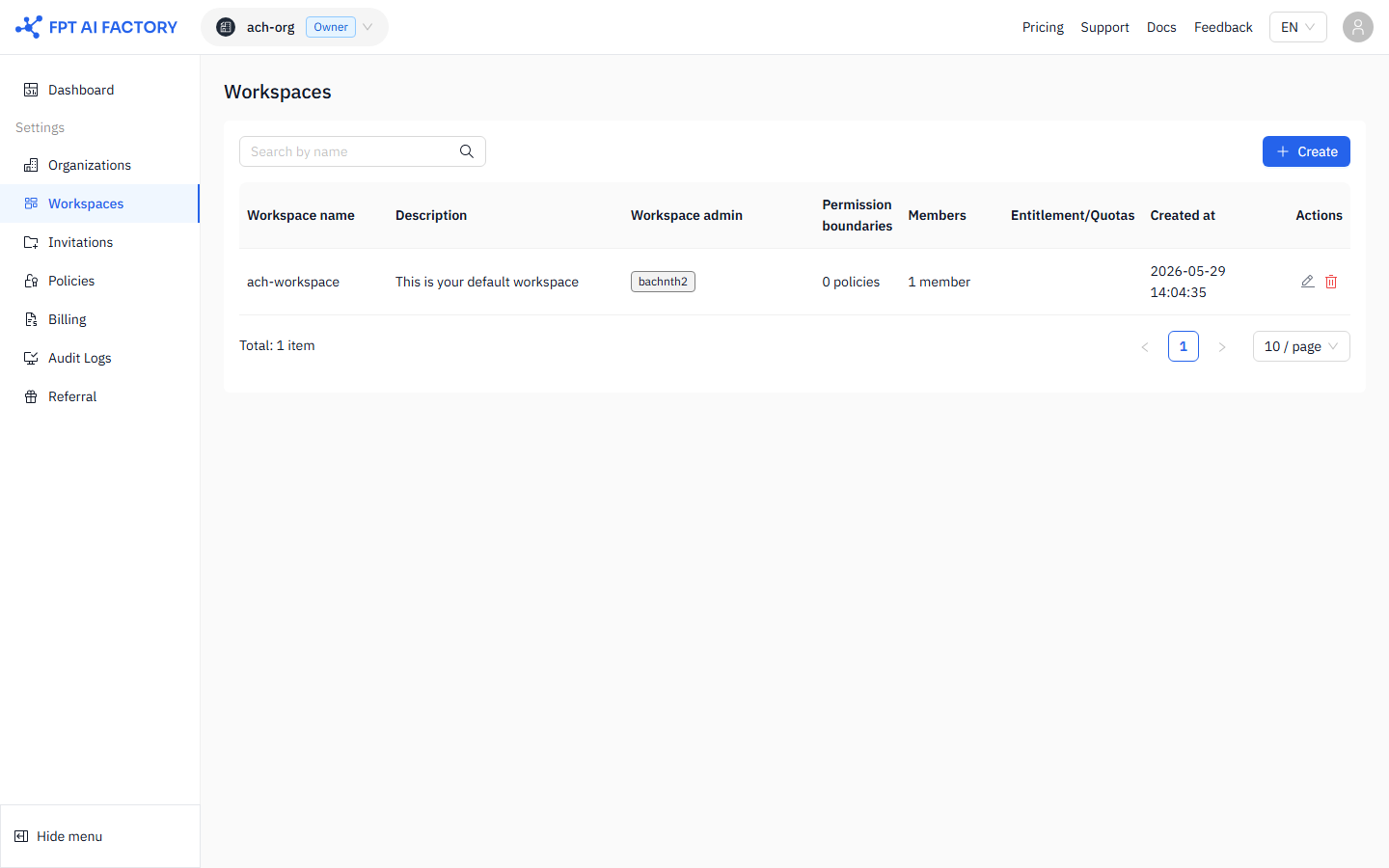 The Workspaces list page with the Create workspace button