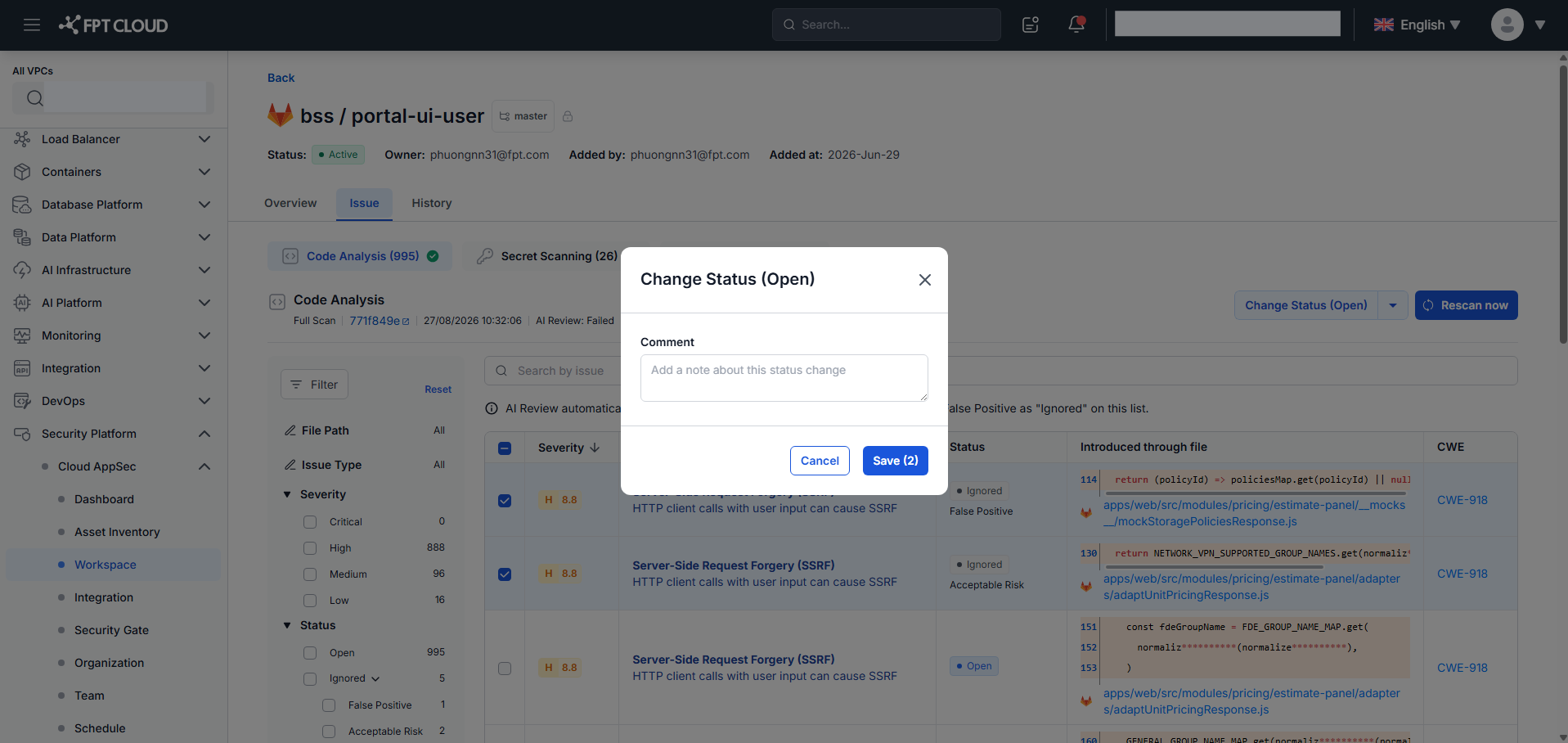Change status — Open (reopen) issue dialog