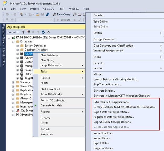 Export Data-tier Application を選択した Object Explorer
