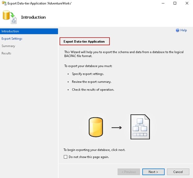 Export Data-tier Application ウィザードの概要ページ