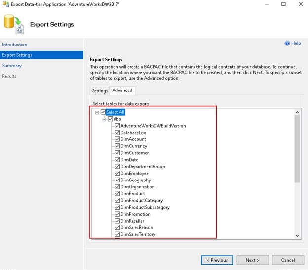 スキーマごとにグループ化された database オブジェクトを表示している Advanced タブ