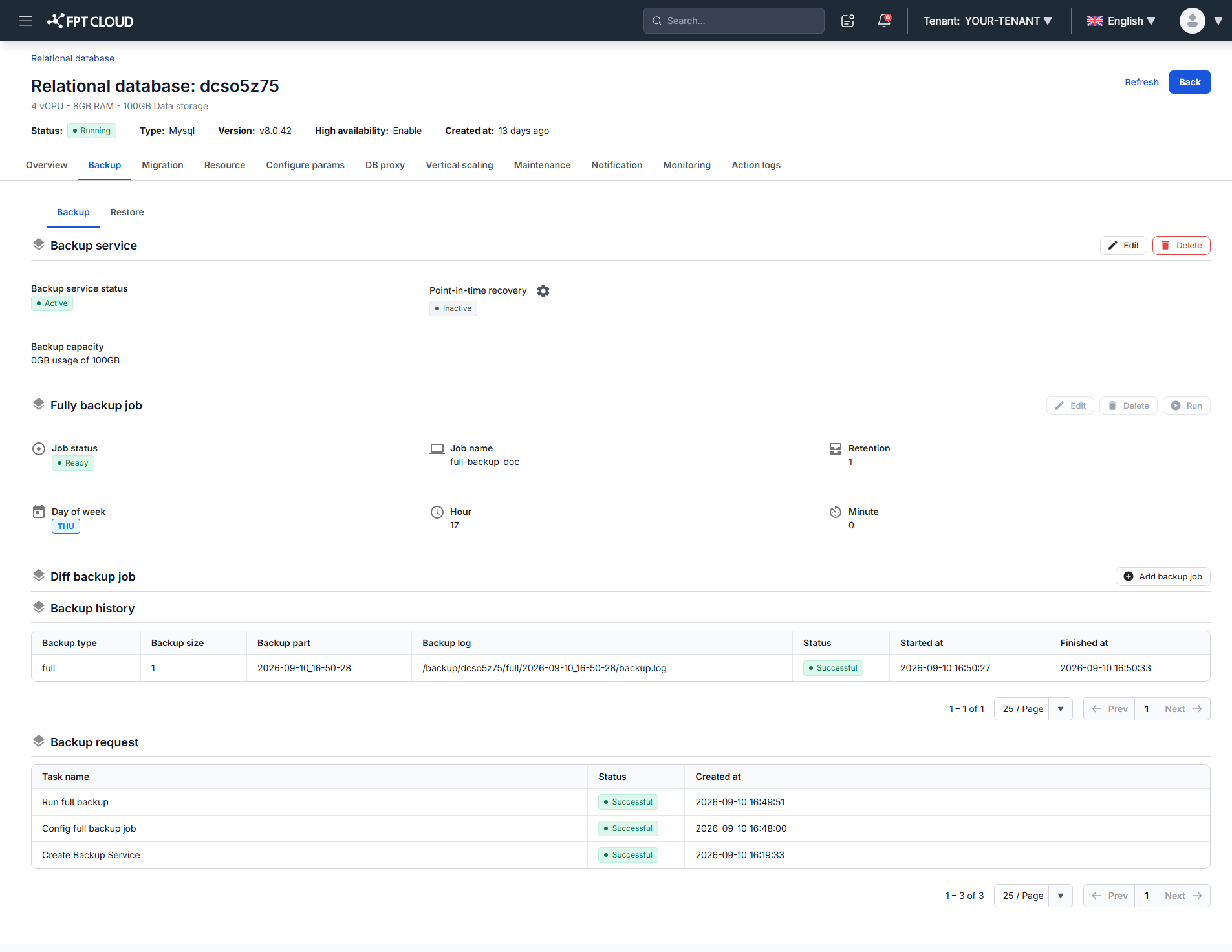 Enable PITR の操作がある Backup タブ