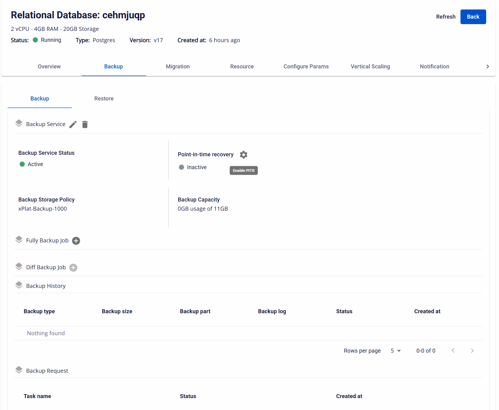 Enable PITR の操作がある Backup タブ