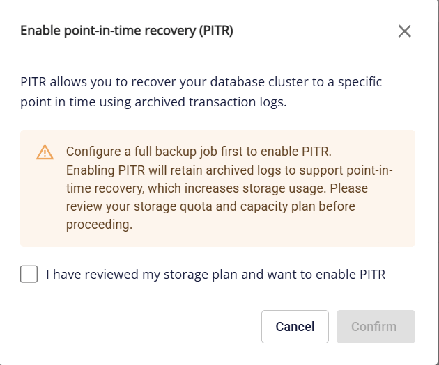 PITR 有効化の確認ダイアログ