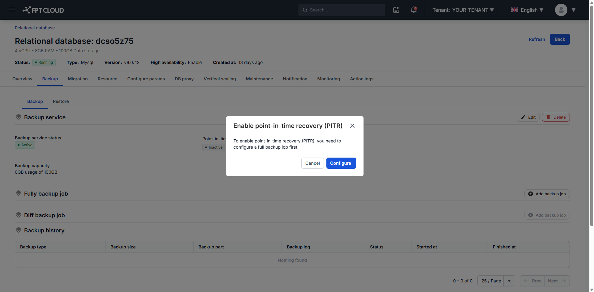 PITR を有効にする前に full backup job を求める警告ダイアログ