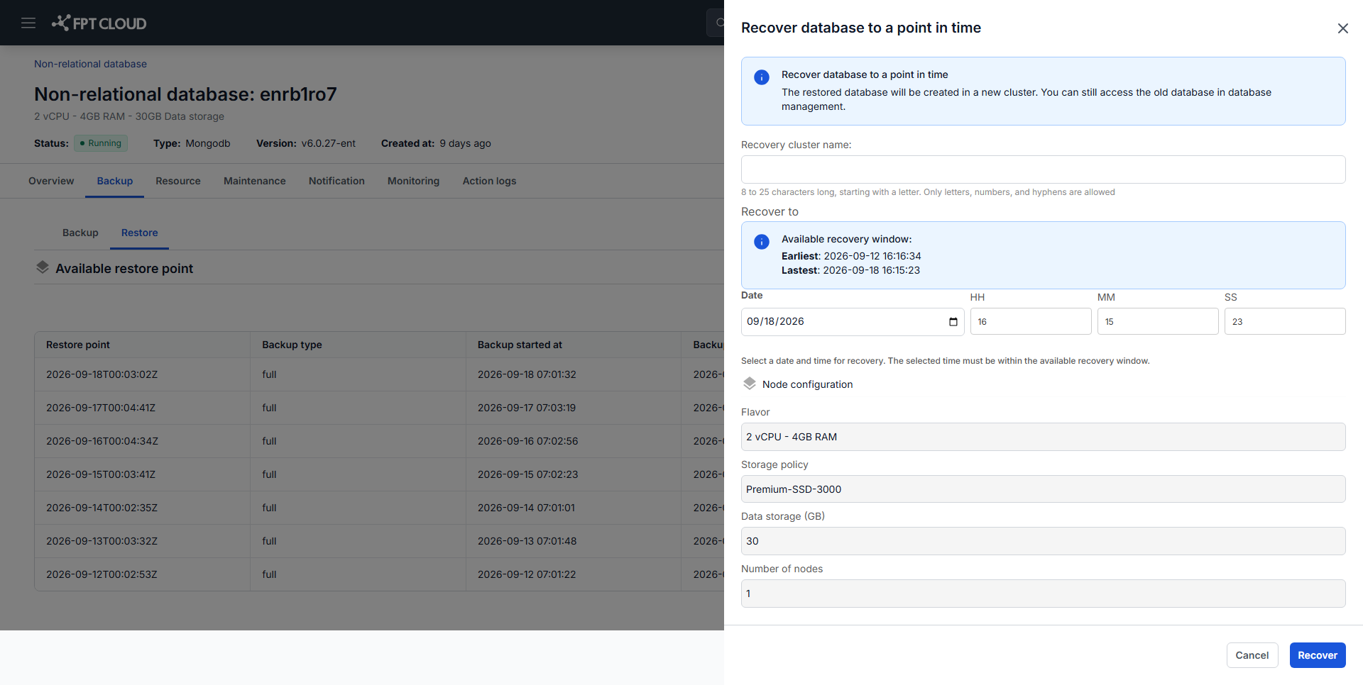 recovery window と node 構成を表示する Recover database to a point in time パネル