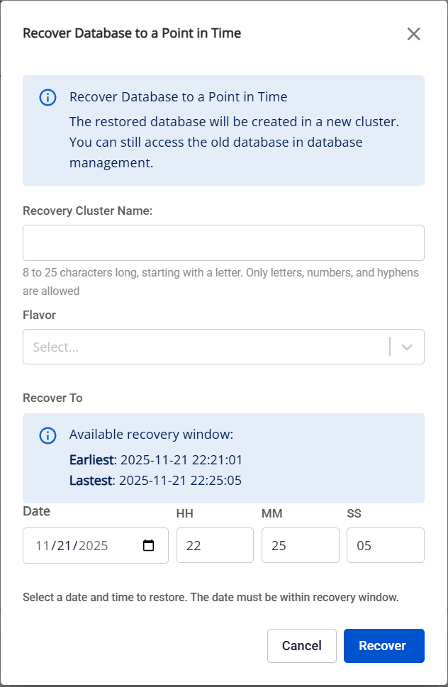 Restore Database to a Point in Time ダイアログ