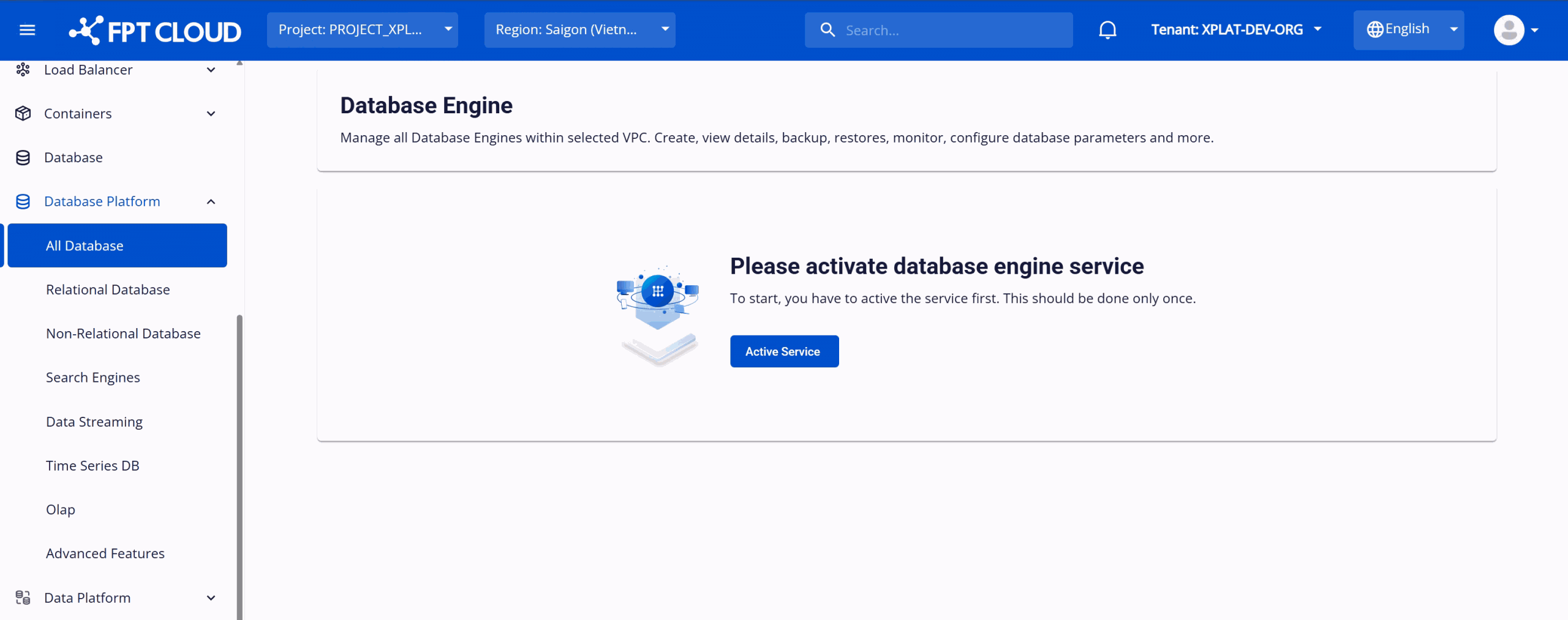Activate Service ボタンのある Database Engine Management ページ