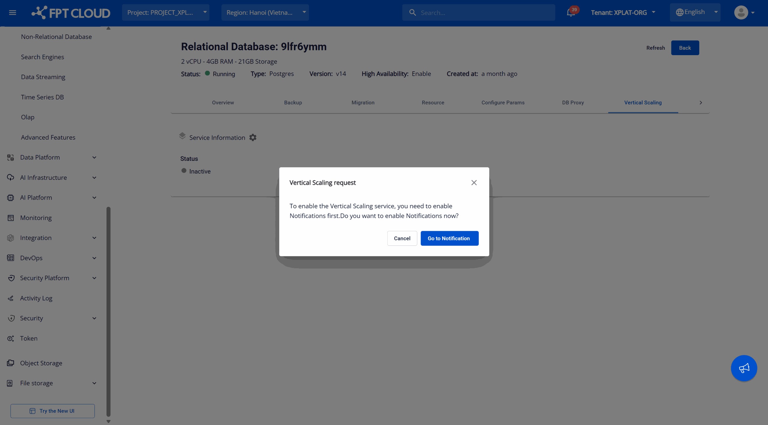scaling を有効にする前に Notification の設定を促すダイアログ